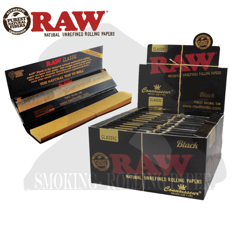 Cartine Raw Black Connoisseur Lunghe King Size Slim Filtri Di Carta Da 24  Libretti — Smoking Rolling Paper-Cartine per fumatori